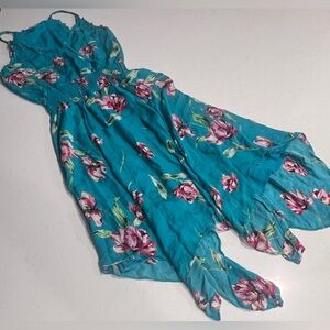 Parker Nolan  Teal Magnolia Floral Print Smocked Sleeveless Midi Dress‎ XXS